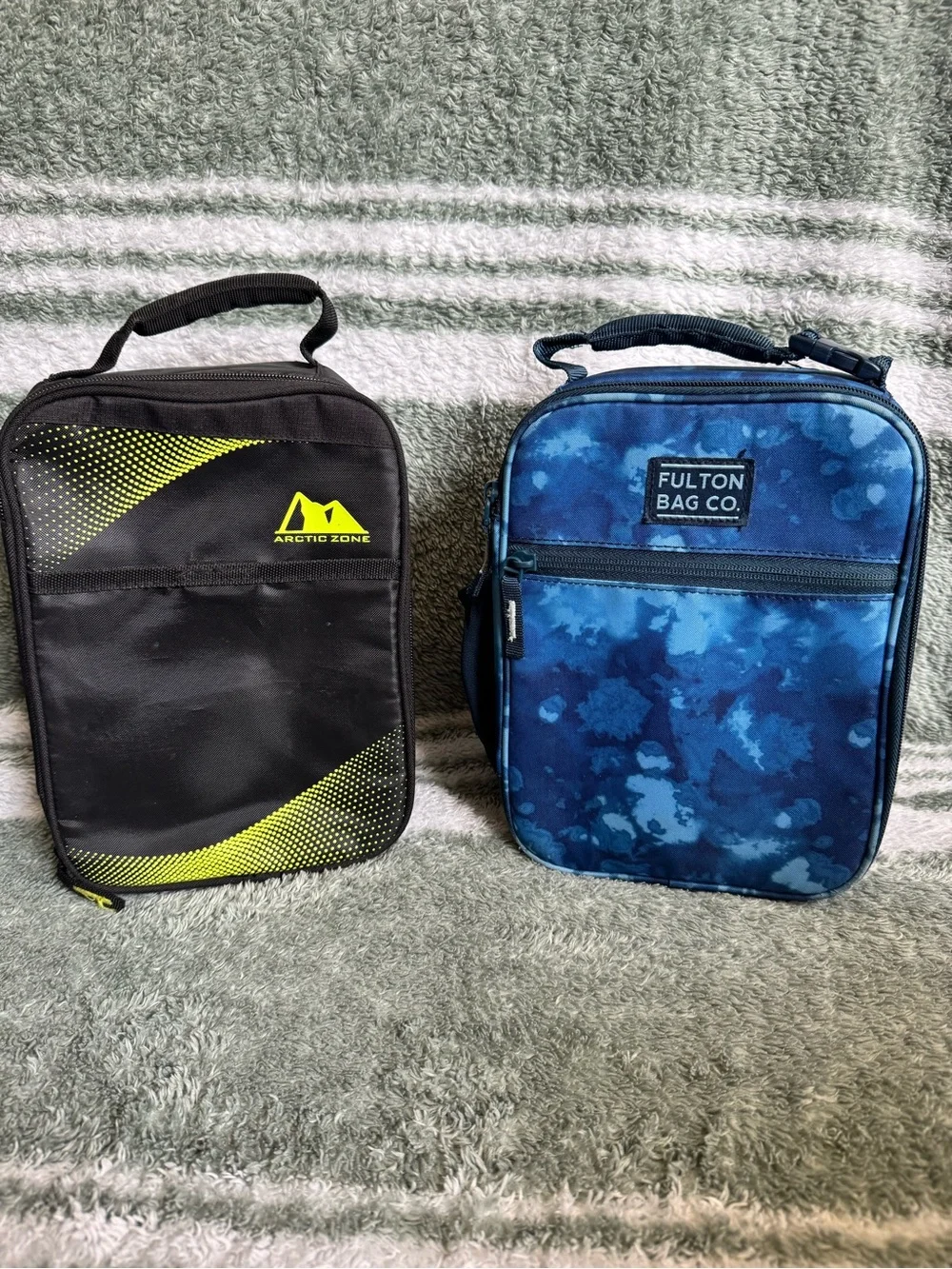 Fulton Bag Co. Kids Blue Camo, Arctic Zone black and light green lunch Bag.